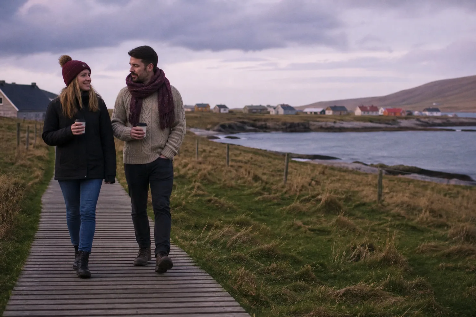 Two people talking beside Lerwick harbour in the Shetland Islands
