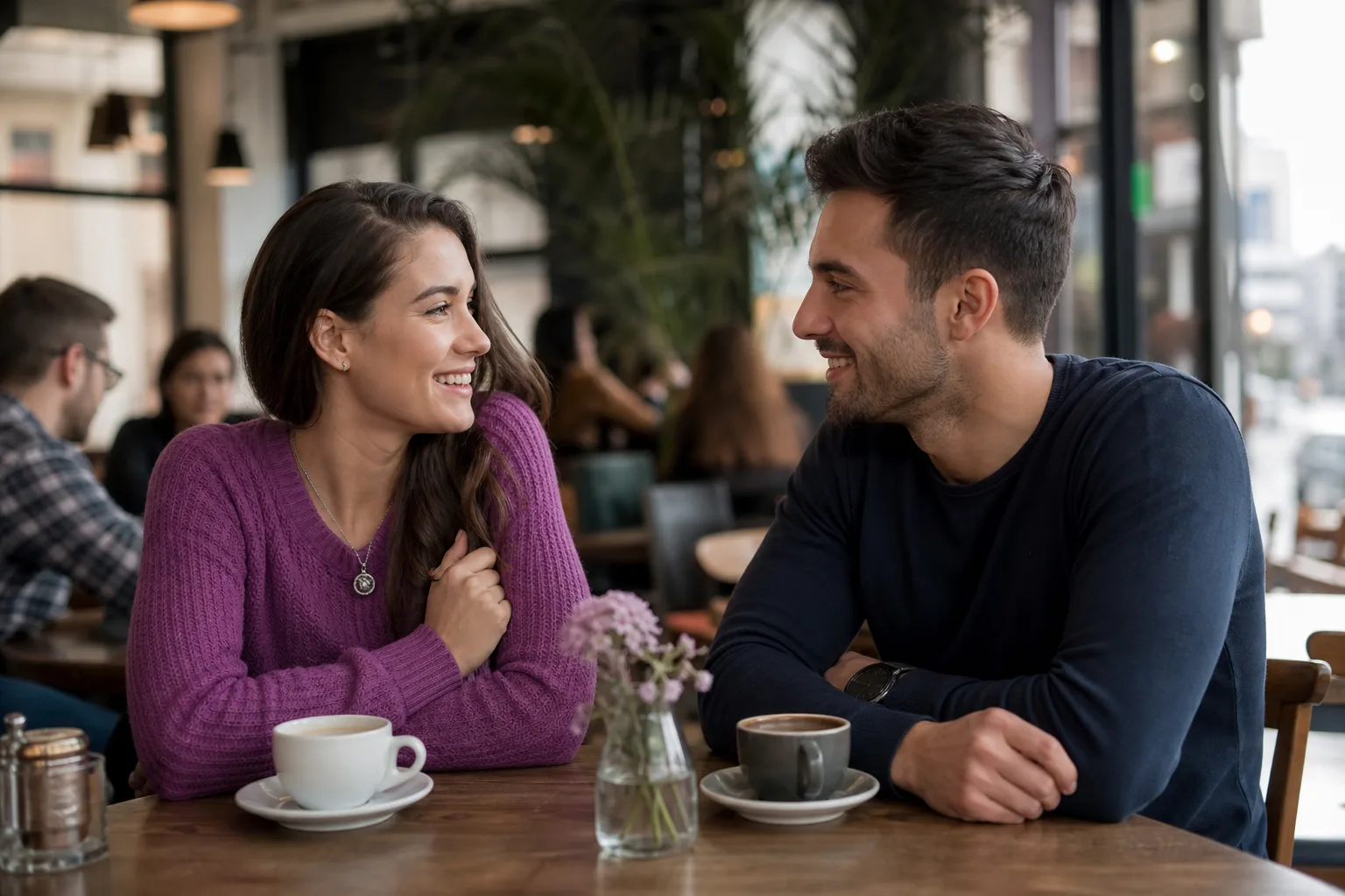 Two people meeting for coffee near the waterfront in New Jersey