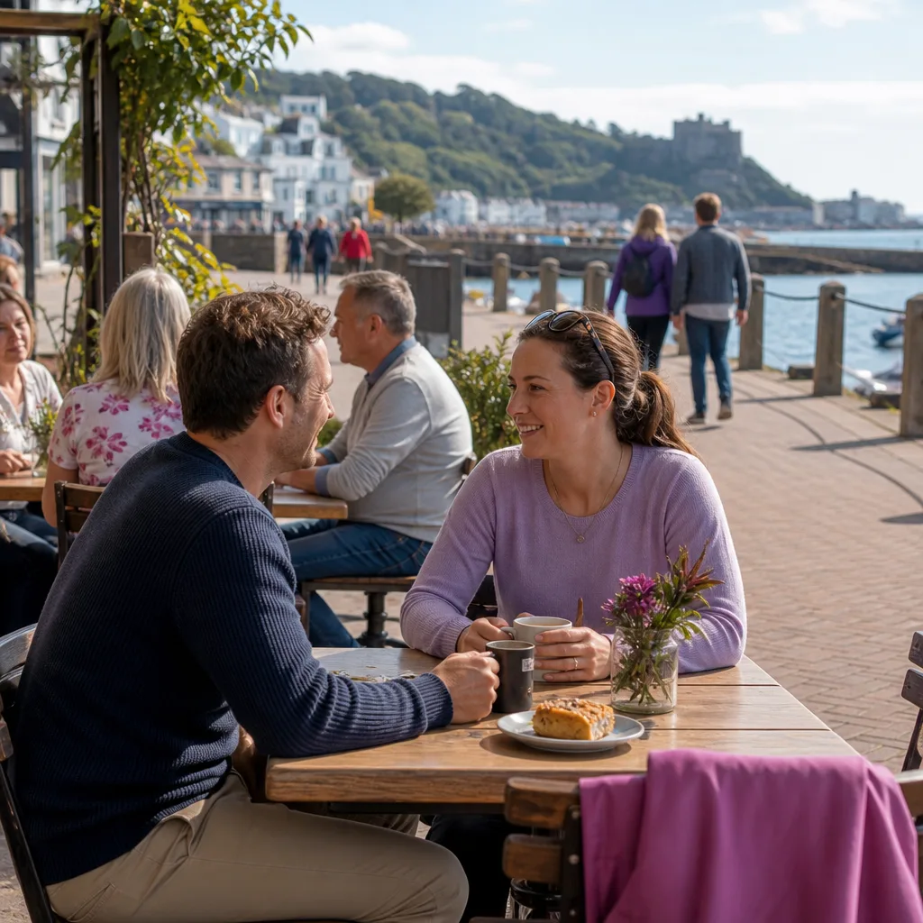 Friends meeting outdoors near Liberation Square in St Helier