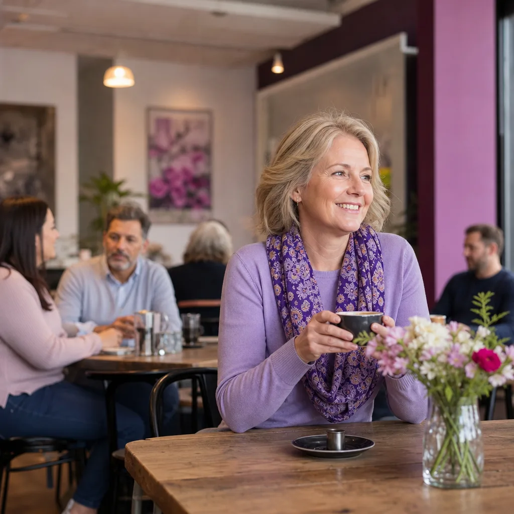 Woman having a relaxed conversation over coffee in St Helier