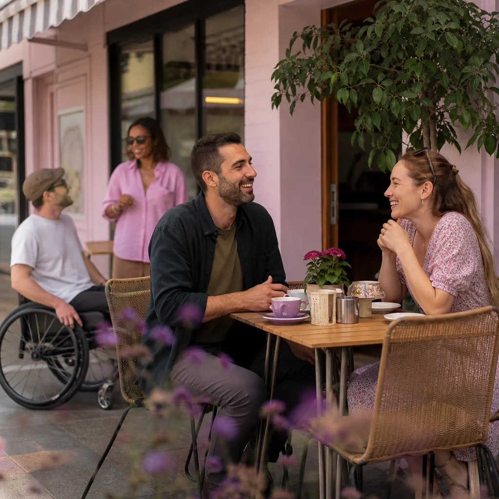 A couple meeting at a relaxed café table in Jersey