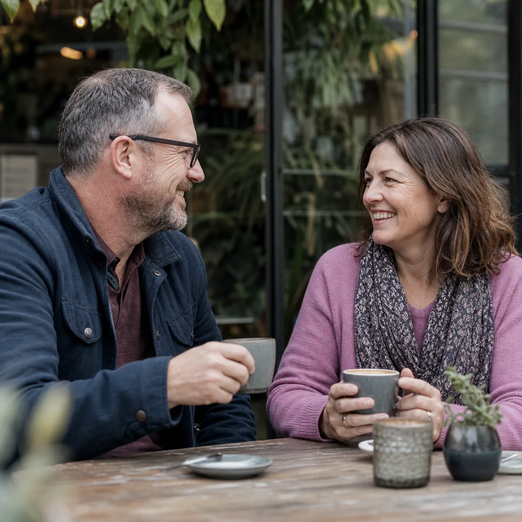 Two mature adults meeting for coffee in St Helier, Jersey