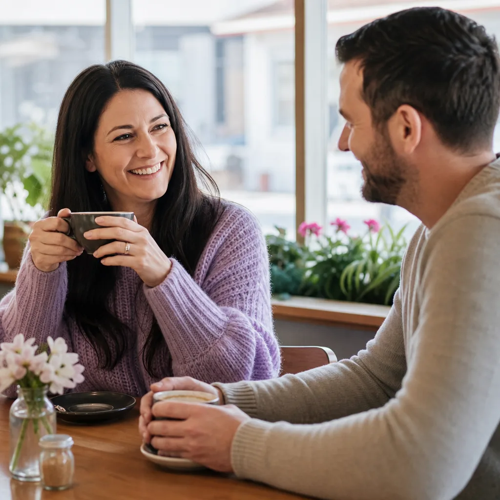Two people talking over coffee at a public venue in Essex