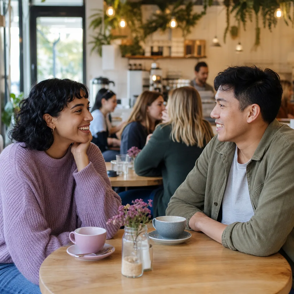 Two adults meeting in a busy public café in St Helier