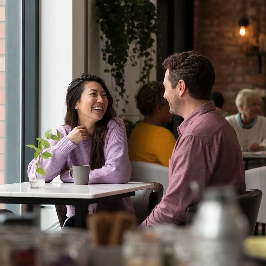 Two adults talking over coffee in a busy New Jersey cafe